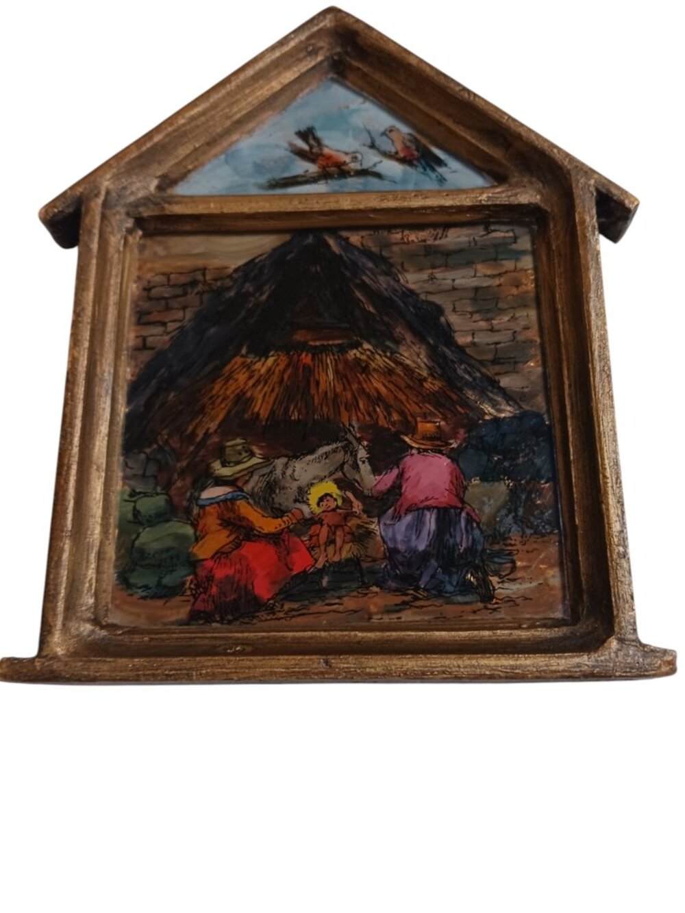 Vintage Folk Art Reverse Painted Glass Nativity Scene Wood Frame